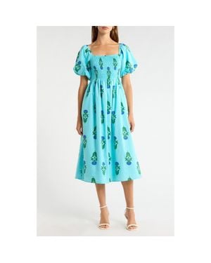Sugarlips Amena Floral Maray Smocked Cotton Midi Dress - Blue
