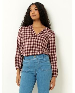Single Stitch V-Neck Plaid Peasant Top - Red