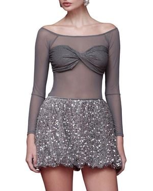 Avec Les Filles Crystal Accent Bandeau Mesh Top - Gray
