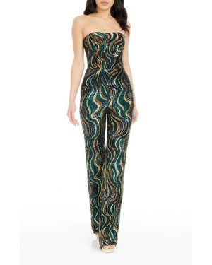 Dress the Population Andy Abstract Sequin Strapless Jumpsuit - Green