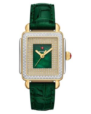 Michele Mid Deco Madison Special Edition Two-Tone 18K Plate Diamond Leather Strap Watch, 29Mm X 31Mm - Green