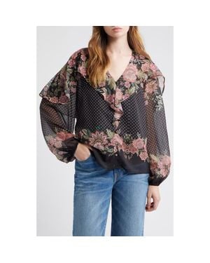 Lipsy Floral Print Ruffle Top - Black