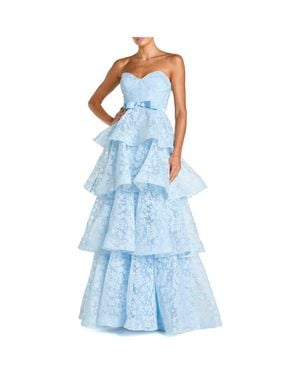 Mac Duggal Strapless Floral Organza Tiered Gown With Bow - Blue