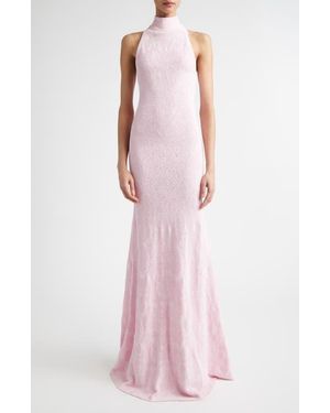 St. John Floral Jacquard Turtleneck Trumpet Gown - Pink