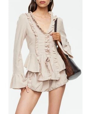 Lioness Odette Ruffle Bell Sleeve Tie Back Linen Blend Top - Natural