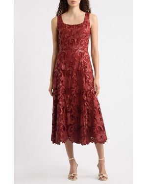Tahari The Chayanne Faux Leather Floral Lace Midi Dress - Red
