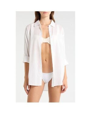 Elan Evil Eye Print Button-Up Cover-Up Shirt - White