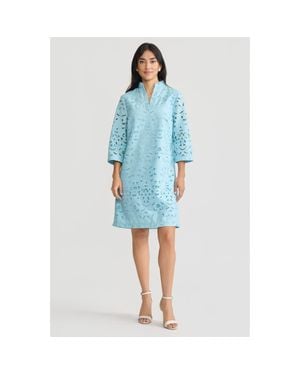 Ming Wang Lined Embroidered Stitch Woven Midi Dress - Blue
