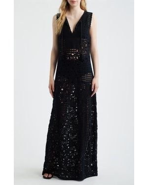 FRAME The Postcard Tie Neck Crochet Maxi Dress - Black
