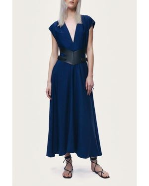 Nocturne V-Neck Belted Midi Dress - Blue