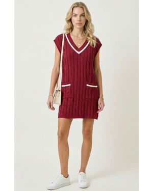 Modenaire Cable-Knit Mini Sweater Dress With Pockets - Red