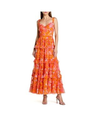 Mac Duggal Sleeveless Floral Ruffle A-Line Maxi Dress - Orange