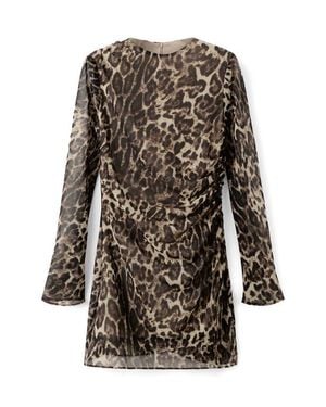Mango Leopard Print Draped Long Sleeve Minidress - Brown