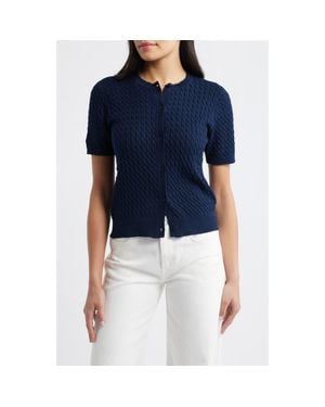 Halogen® Cable Knit Cotton Button Front Cardigan - Blue