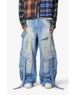 MNML Belt Accent Rave Denim Ultra Baggy Wide Leg Jeans - Blue