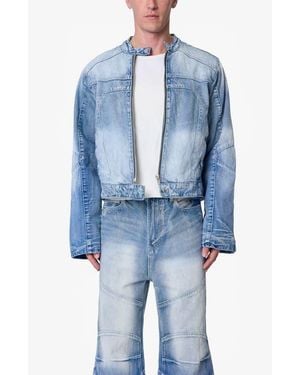 MNML Paneled Moto Denim Jacket - Blue