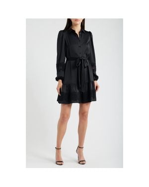 Anne Klein Lace Trim Long Sleeve Tie Belt Satin Shirtdress - Black