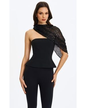 Miss Circle Quinette Peplum Top With Beaded Asymmetrical Cape - Black
