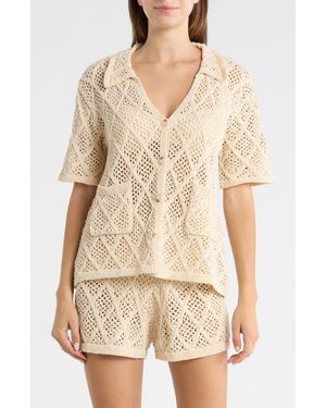 Elan Sheer Open Stitch Cover-Up Button-Up Shirt - Natural