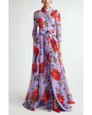 Carolina Herrera Rose Print Silk Organza Trench Gown - Red
