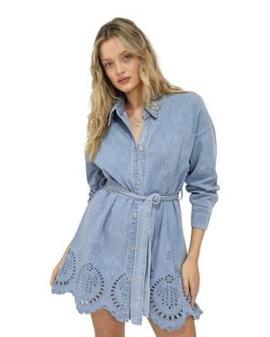 Belle & Bloom Sunday Somewhere Denim Broderie Mini Shirt Dress - Blue