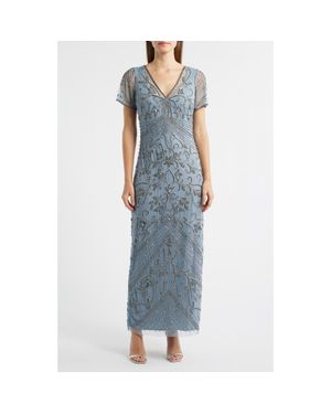 Pisarro Nights Beaded Mesh Column Gown - Blue