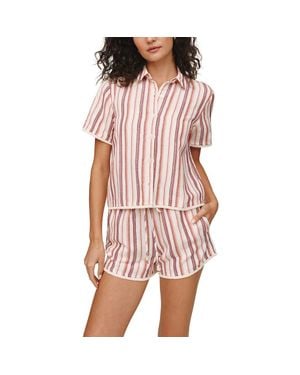 Bella Dahl Stripe Frayed Short Sleeve Linen Blend Button-Up Shirt - Pink
