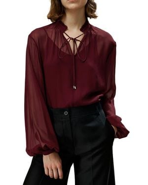 LILYSILK Tie Front Drawstring Georgette Blouse - Red