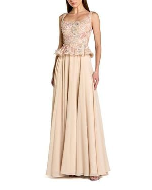 Mac Duggal Embroidered Peplum Top With Chiffon Skirt Gown - Natural