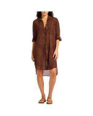 Seafolly Crinkle Twill Cover-Up Beach Shirt - Brown