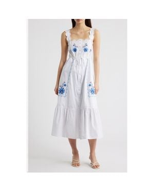 Moon River Floral Embroidery Detail Cotton Dress - Blue