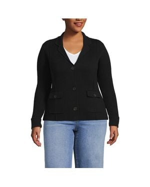 Lands' End Plus Size Drifter Ribbed Collared Blazer Sweater - Black