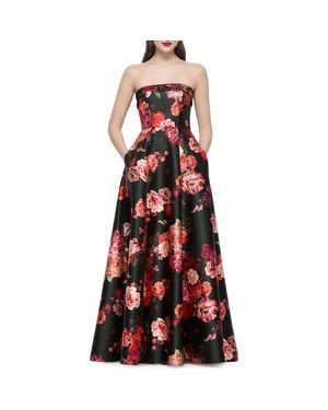 Alfred Sung Sara Floral Strapless Satin Twill Gown - Red