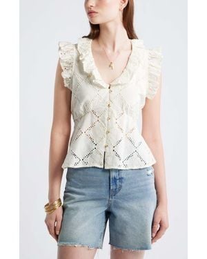 Treasure & Bond Open Cutwork Ruffle Trim Button-Up Top - Blue