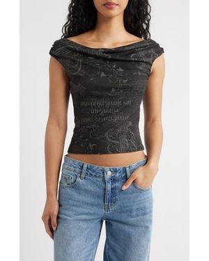 BDG Fia Print Off The Shoulder Top - Black