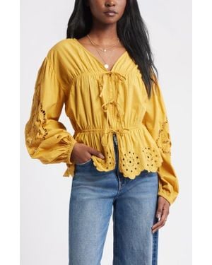 Treasure & Bond Long Sleeve Cotton Eyelet Top - Blue