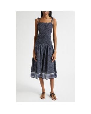 Veronica Beard Mariette Smocked Drop Waist Cotton Blend Sundress - Blue