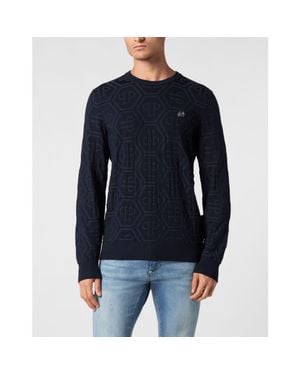 Philipp Plein Jacquard Silk Wool Pullover Round Neck Ls Monogram - Blue
