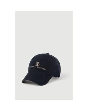 Brunello Cucinelli Suede Baseball Cap With Embroidered Logo - Blue
