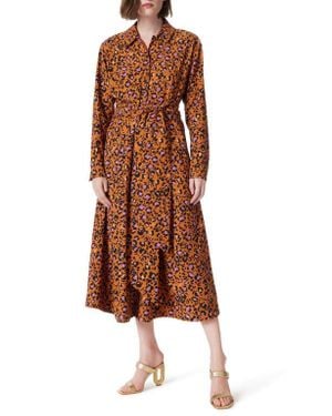 DO by Dee Ocleppo Print Tie Waist Long Sleeve Maxi Shirtdress - Brown