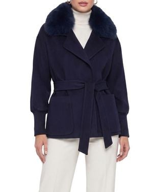 Gorski Fabric Jacket With Detachable Genuine Shearling Collar, Belt - Blue