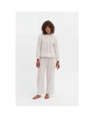 Desmond & Dempsey Fancy Collar & Pocket Trouser Pajama Set - White