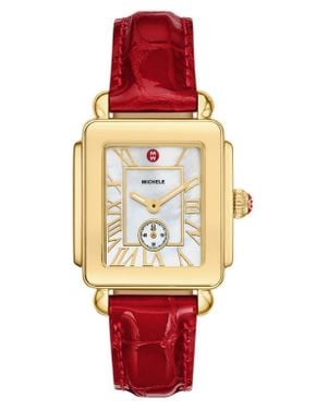 Michele Deco Sport Mid Leather Strap Watch, 29Mm X 31Mm - Red