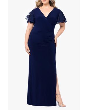 Betsy & Adam Sequin V-Neck Flutter Sleeve Gown - Blue