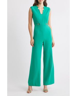 Tahari Notched Neck Sleeveless Jumpsuit - Green