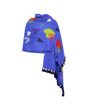 Maison Common Printed And Embroidered Scarf With Tassels With Heart Motifs - Blue