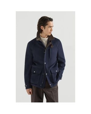 Brunello Cucinelli Virgin Wool Cloth Field Jacket With Nappa Leather Inserts - Blue