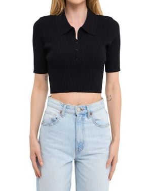 Grey Lab Rib Crop Polo Shirt - Black