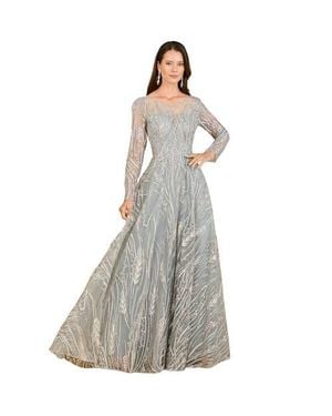 LARA New York Long Sleeve Illusion Neck Gown - Gray