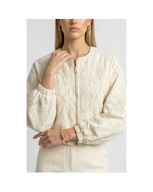Knit & Lounge Long Sleeve Cropped Jacket With Zip Front And Embroidered Texture - Natural